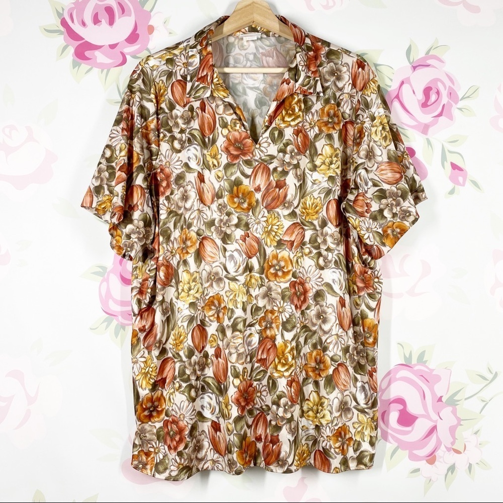Vintage Retro Floral Printed Collar Short Sleeve Blouse 3X